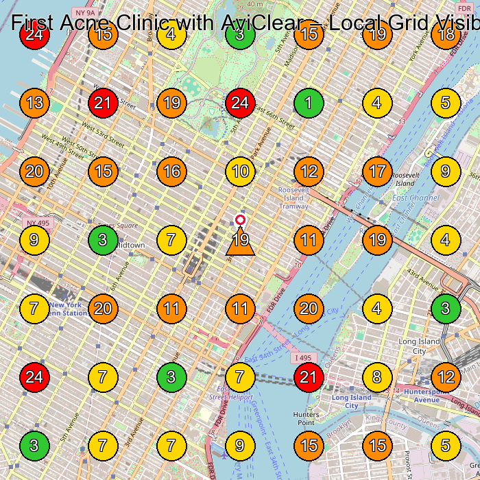 First Acne Clinic with AviClear Skin Care Clinic GeoGrid ranking map for New York NY